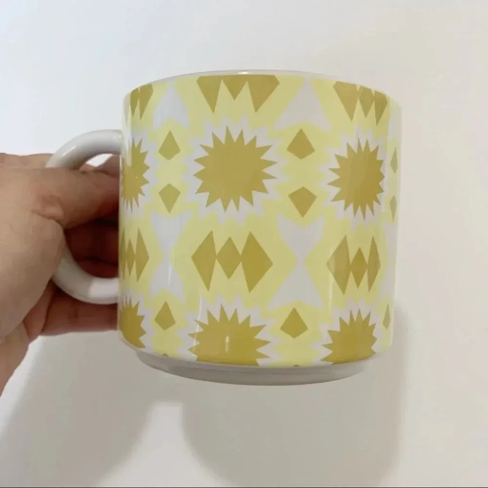 West Elm Initial Mug “F” Gold Yellow Aztec Print‎ Coffee Tea Ceramic Monogram